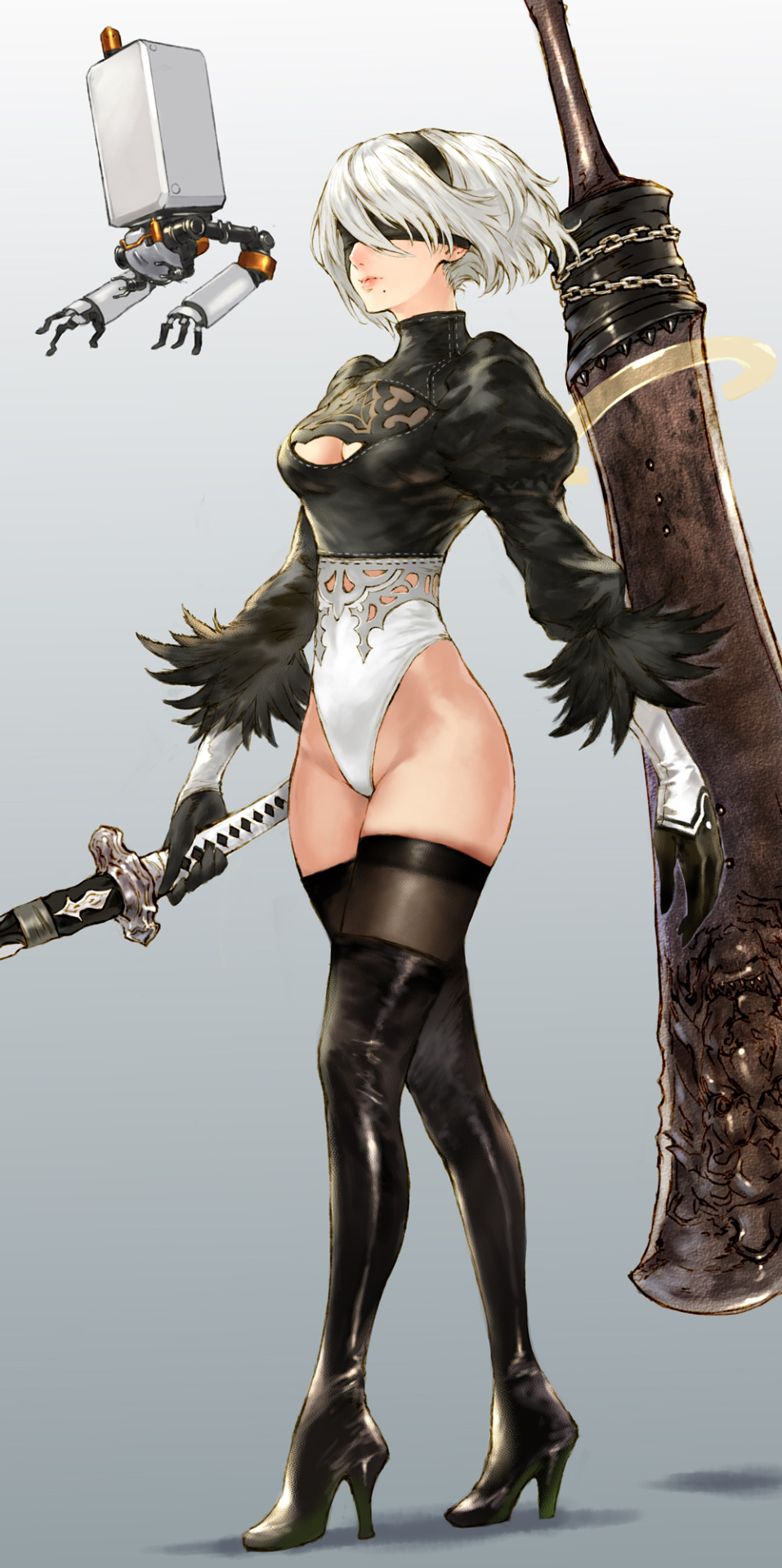 1girl black_gloves blindfold boots breasts cleavage cleavage_cutout full_body gloves gradient gradient_background hairband high_heel_boots high_heels highleg highleg_leotard highres huge_weapon juliet_sleeves leotard lips long_sleeves makimura_shunsuke medium_breasts mole mole_under_mouth nier_(series) nier_automata pod_(nier_automata) puffy_sleeves short_hair silver_hair simple_background solo sword thigh-highs thigh_boots walking weapon yorha_no._2_type_b