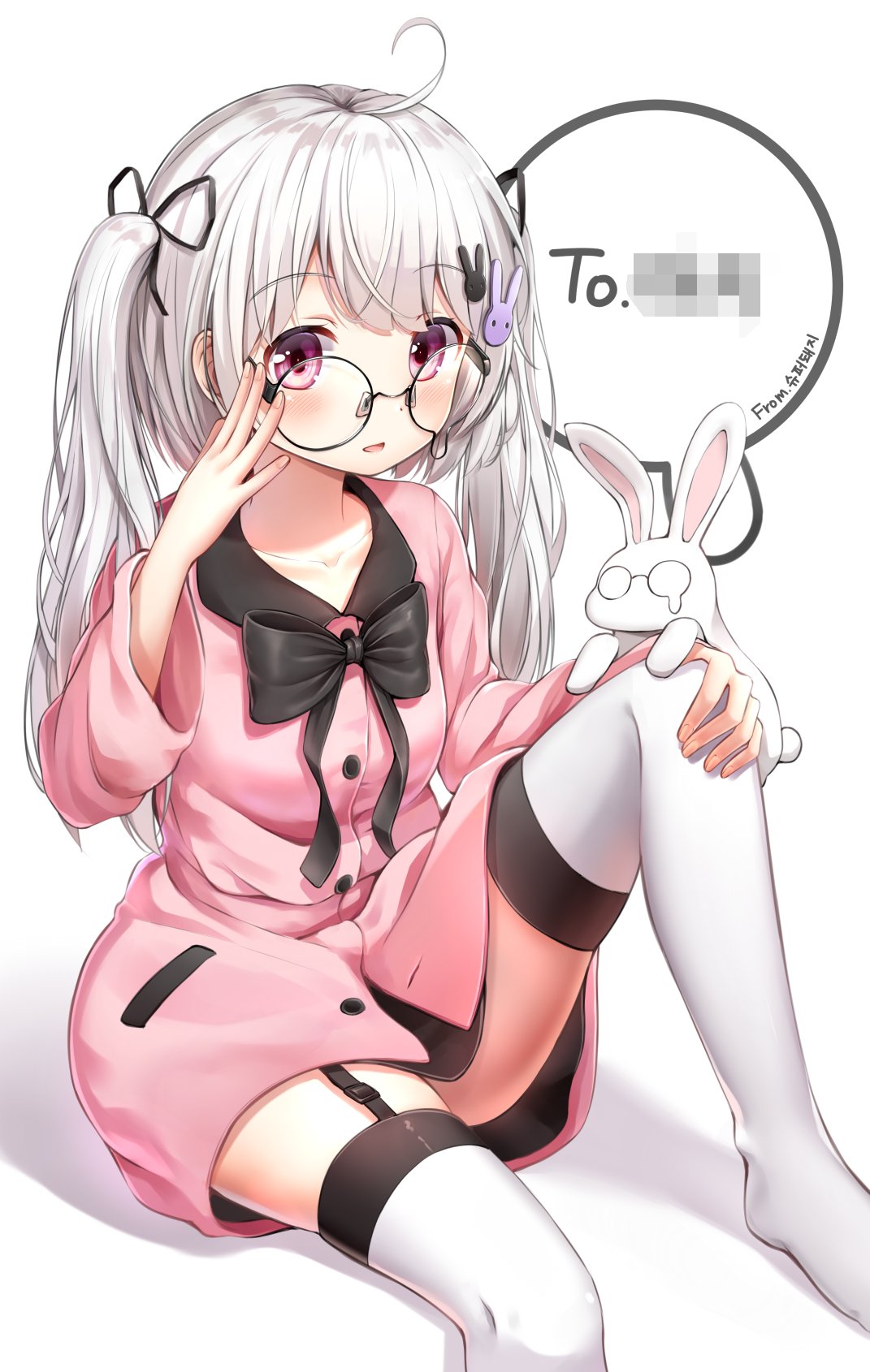 1girl adjusting_glasses black_bow black_ribbon blush bow censored character_request copyright_request eyebrows_visible_through_hair garter_straps glasses hair_ribbon highres korean looking_at_viewer mosaic_censoring open_mouth rabbit red_eyes ribbon silver_hair smile speech_bubble superpig text thigh-highs twintails white_legwear