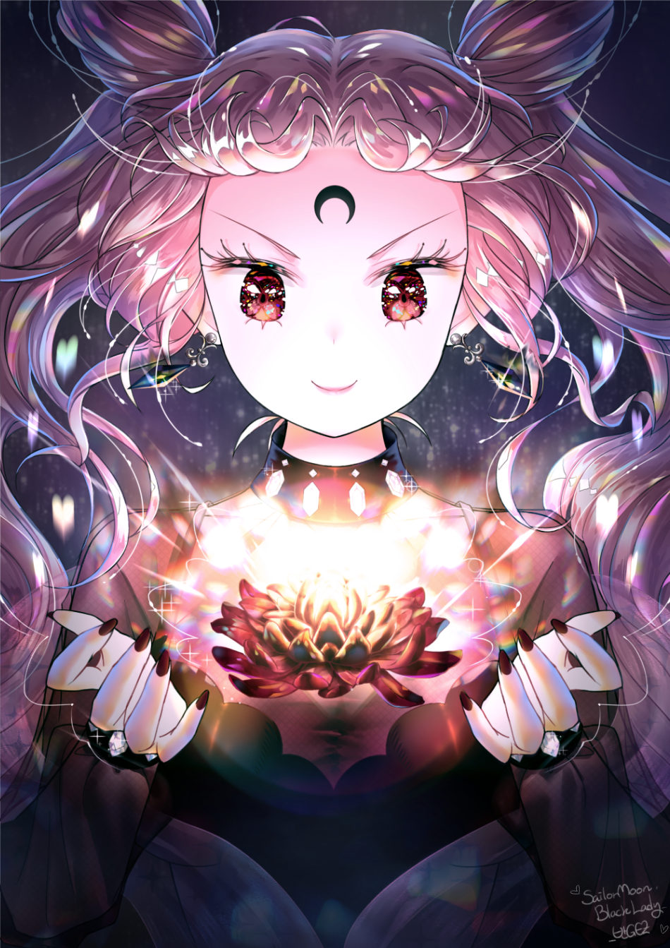 &gt;:) 1girl artist_name bishoujo_senshi_sailor_moon black_lady character_name chibi_usa closed_mouth copyright_name crescent crystal crystal_earrings double_bun earrings evil_smile facial_mark floating_hair floating_object forehead_mark gee9214 glowing hands highres jewelry long_hair maboroshi_no_ginzuishou nail_polish pink_hair red_nails signature smile solo twintails upper_body