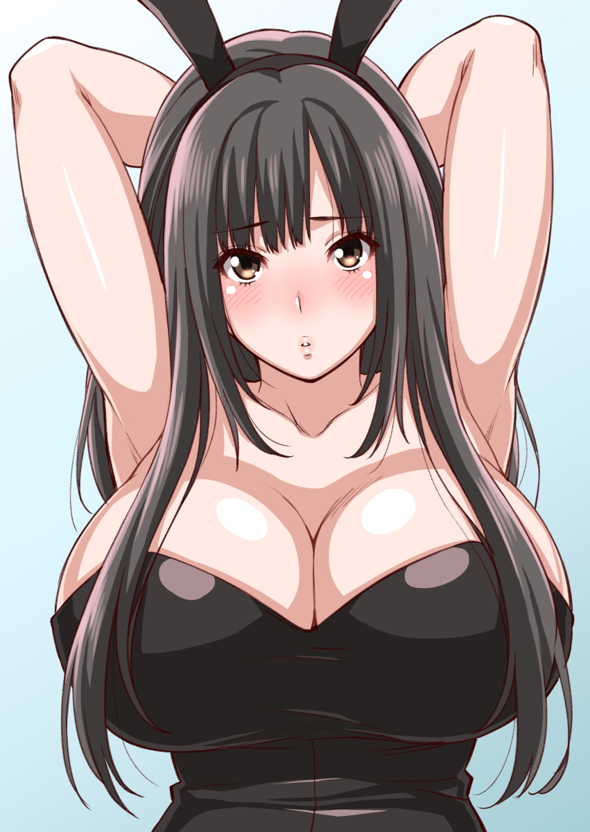 1girl amagami animal_ears armpits arms_behind_head black_hair blush breasts brown_eyes bunnysuit cleavage gradient gradient_background highres kamizaki_makoto large_breasts long_hair looking_at_viewer rabbit_ears shouji_nigou solo