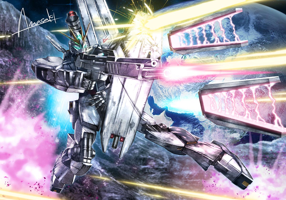 axis_(gundam) battle beam_rifle blocking char's_counterattack earth energy_gun explosion fin_funnels firing funnels gundam mecha no_humans nu_gundam scratches shield signature space wa-kun war weapon