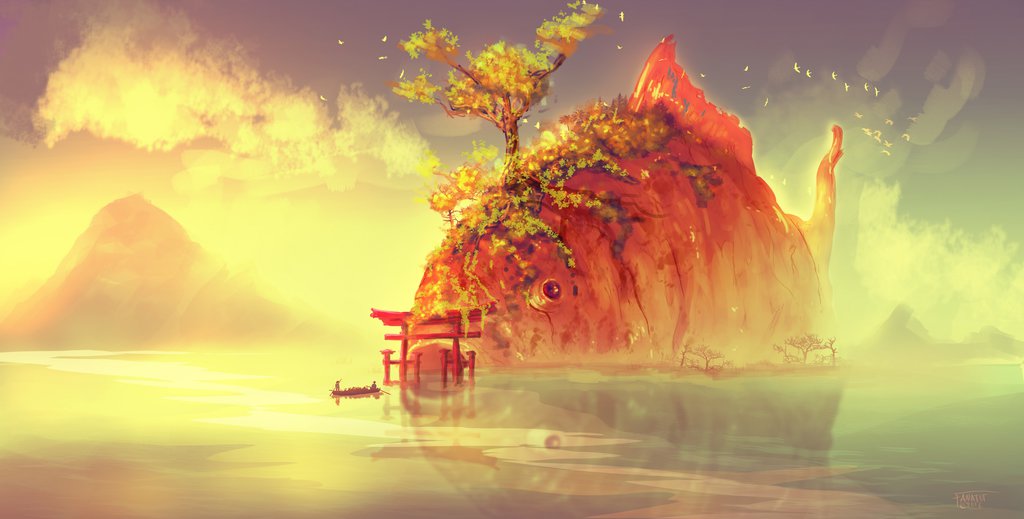 anatofinnstark animal bare_tree bird boat clouds evening fantasy fish flying fog grass koi landscape mountain oar ocean original oversized_animal reflection roots rowboat signature sky sunlight torii tree watercraft