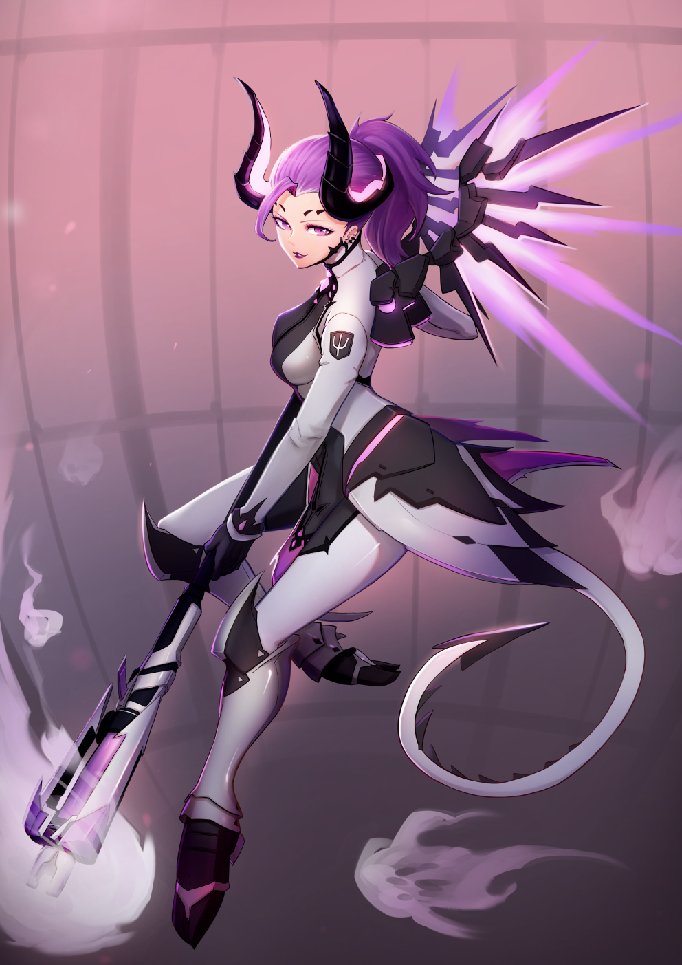 1girl alternate_costume bodysuit breasts dark_persona demon_horns facial_mark faulds forehead_mark full_body highres hitodama holding holding_staff horns imp_mercy lips lipstick lochris looking_at_viewer makeup mechanical_wings medium_breasts mercy_(overwatch) overwatch parted_lips patch ponytail purple_hair purple_wings solo staff violet_eyes wings
