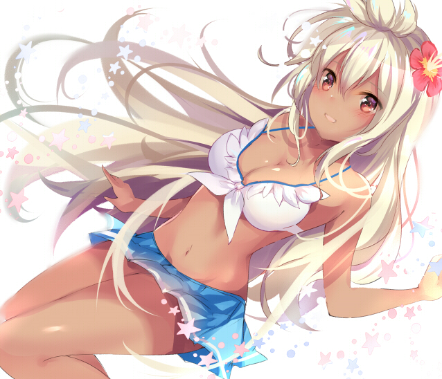 1girl :d ahoge arm_at_side bangs bare_arms bare_shoulders bikini_skirt blue_skirt blush breasts cleavage collarbone commentary_request cowboy_shot dark_skin dutch_angle eyebrows_visible_through_hair flower from_above front-tie_bikini front-tie_top granblue_fantasy groin hair_between_eyes hair_flower hair_ornament halter_top halterneck hibiscus long_hair looking_at_viewer looking_up medium_breasts midriff navel open_mouth ponika red_eyes revision ribbon shiny shiny_skin skirt smile star stomach swimsuit tareme the_order_grande thighs very_long_hair white_hair white_ribbon