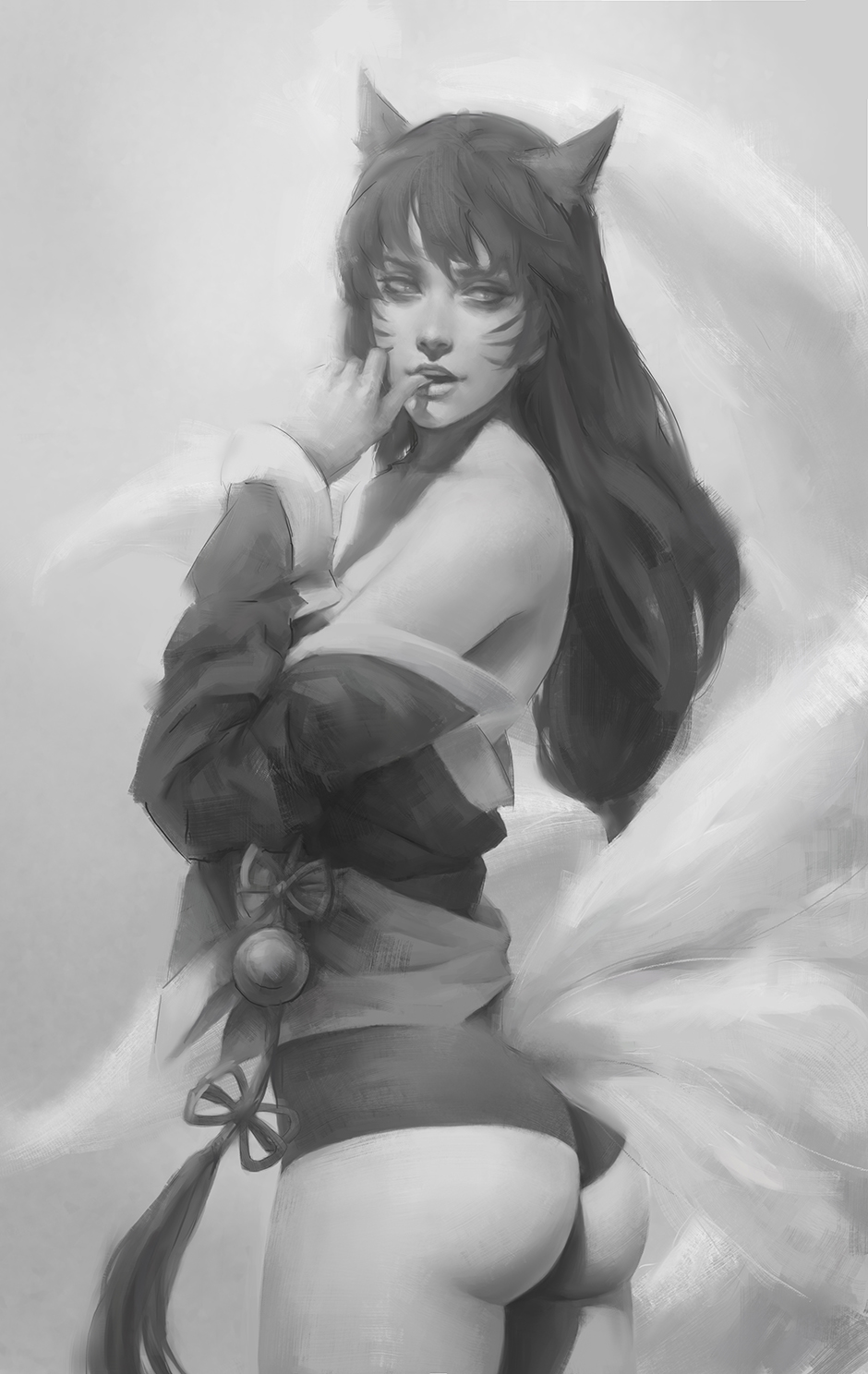 1girl ahri animal_ears ass bangs bare_shoulders biting breasts collarbone cowboy_shot crossed_arms detached_sleeves dress finger_biting finger_in_mouth finger_to_mouth fingernails food fox_ears fox_tail from_side greyscale hair_ornament hair_tie hand_up highres korean_clothes league_of_legends legs_together lips long_hair long_sleeves looking_back low-tied_long_hair medium_breasts monochrome mouth_hold multiple_tails nose open_mouth realistic revision sash sketch smile solo standing strapless strapless_dress tail tassel teeth tim_liu