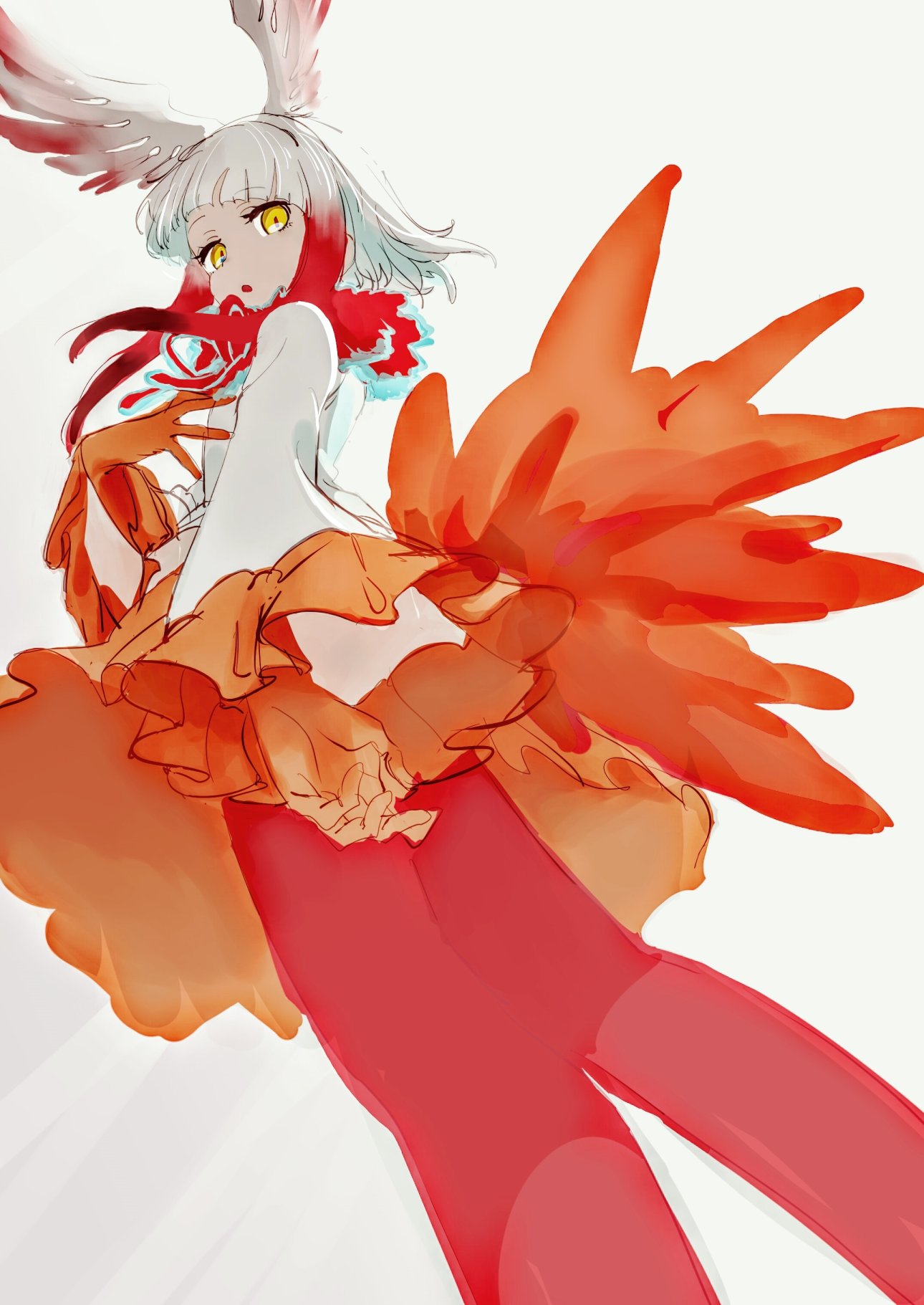 :o bird_tail coat frilled_sleeves frills from_below fur_collar gloves hand_on_own_chest head_wings highres japanese_crested_ibis_(kemono_friends) jitome kemono_friends long_sleeves looking_at_viewer lupin open_mouth pantyhose red_gloves red_legwear short_hair_with_long_locks simple_background skirt white_background white_hair wide_sleeves yellow_eyes