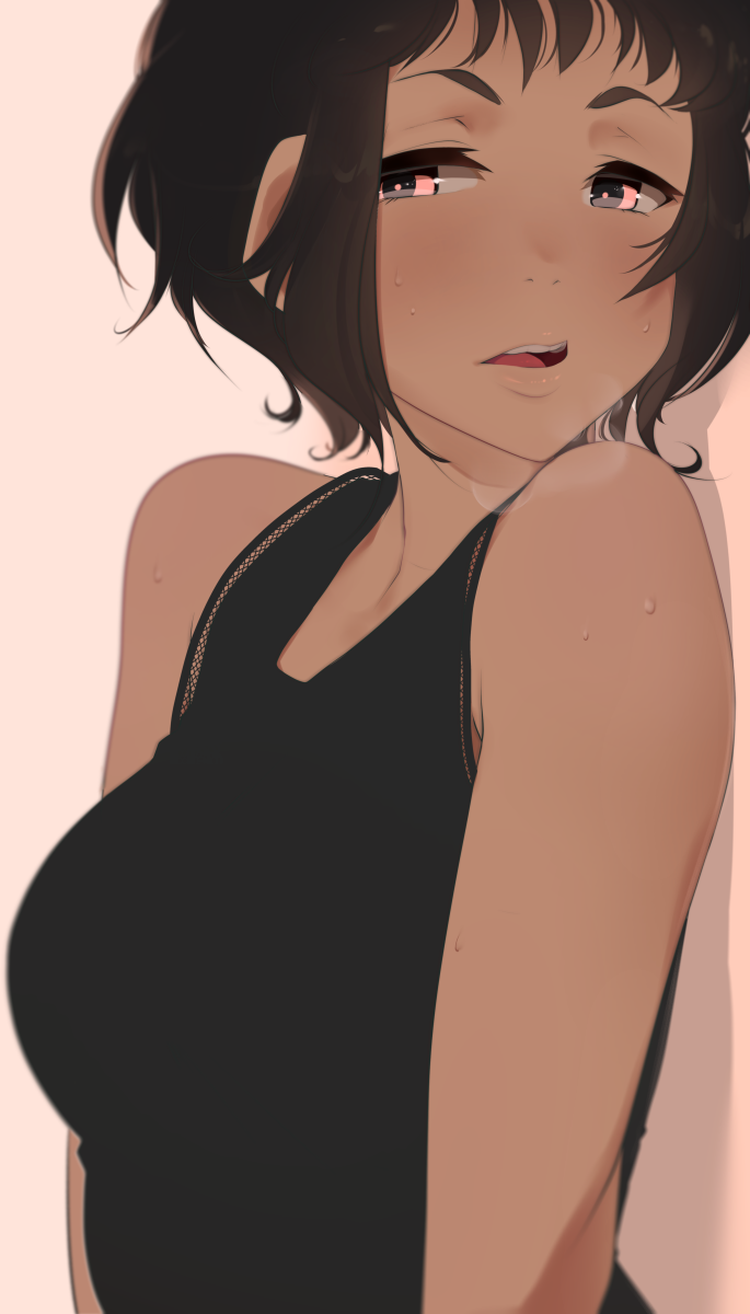 1girl bare_shoulders black_dress black_hair breasts dress highres medium_breasts open_mouth original pink_background red_eyes short_hair simple_background solo sticky_(stickysheep) sweat sweatdrop teeth upper_body