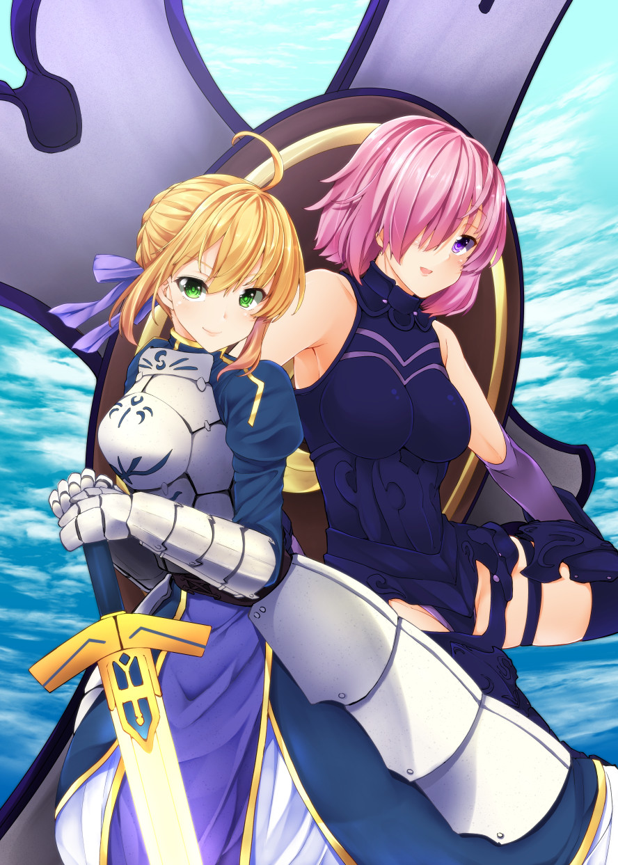 &gt;:) 2girls ahoge armor armored_dress armpits ayakase_riberi bare_shoulders black_legwear blonde_hair blush breastplate breasts closed_mouth cowboy_shot elbow_gloves excalibur fate/grand_order fate_(series) faulds gauntlets gloves green_eyes hair_over_one_eye hair_ribbon highres holding holding_sword holding_weapon juliet_sleeves lavender_hair long_sleeves looking_at_viewer medium_breasts multiple_girls parted_lips puffy_sleeves purple_gloves purple_ribbon ribbon saber shield shielder_(fate/grand_order) short_hair sword thigh-highs violet_eyes weapon