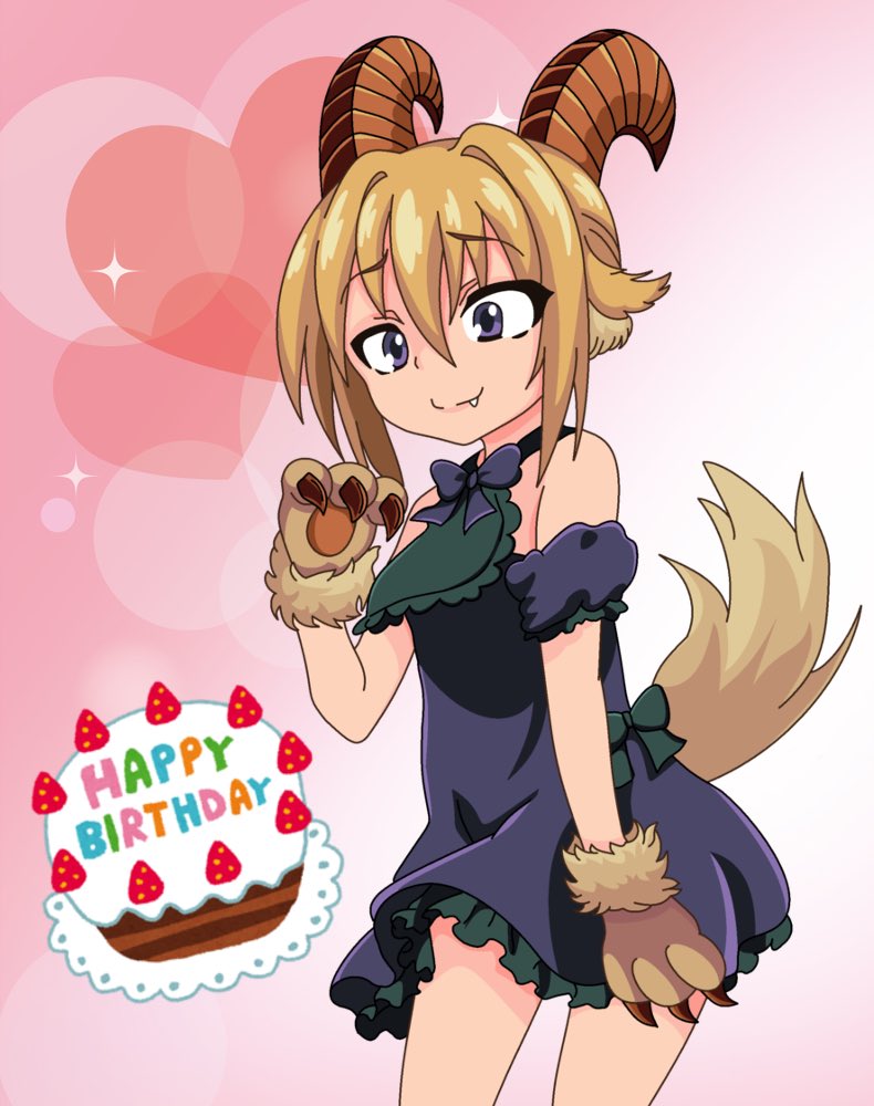 1girl alternate_costume alternate_hair_length alternate_hairstyle animal_ears artist_check baphomet_(monster_girl_encyclopedia) bare_shoulders brown_hair claws commentary cowboy_shot demon_girl detached_sleeves dress eyebrows_visible_through_hair fang fang_out goat_horns hair_between_eyes happy_birthday heart heart_background horns looking_at_viewer midorimame monster_girl monster_girl_encyclopedia paws petite purple_dress short_hair smile solo tail violet_eyes