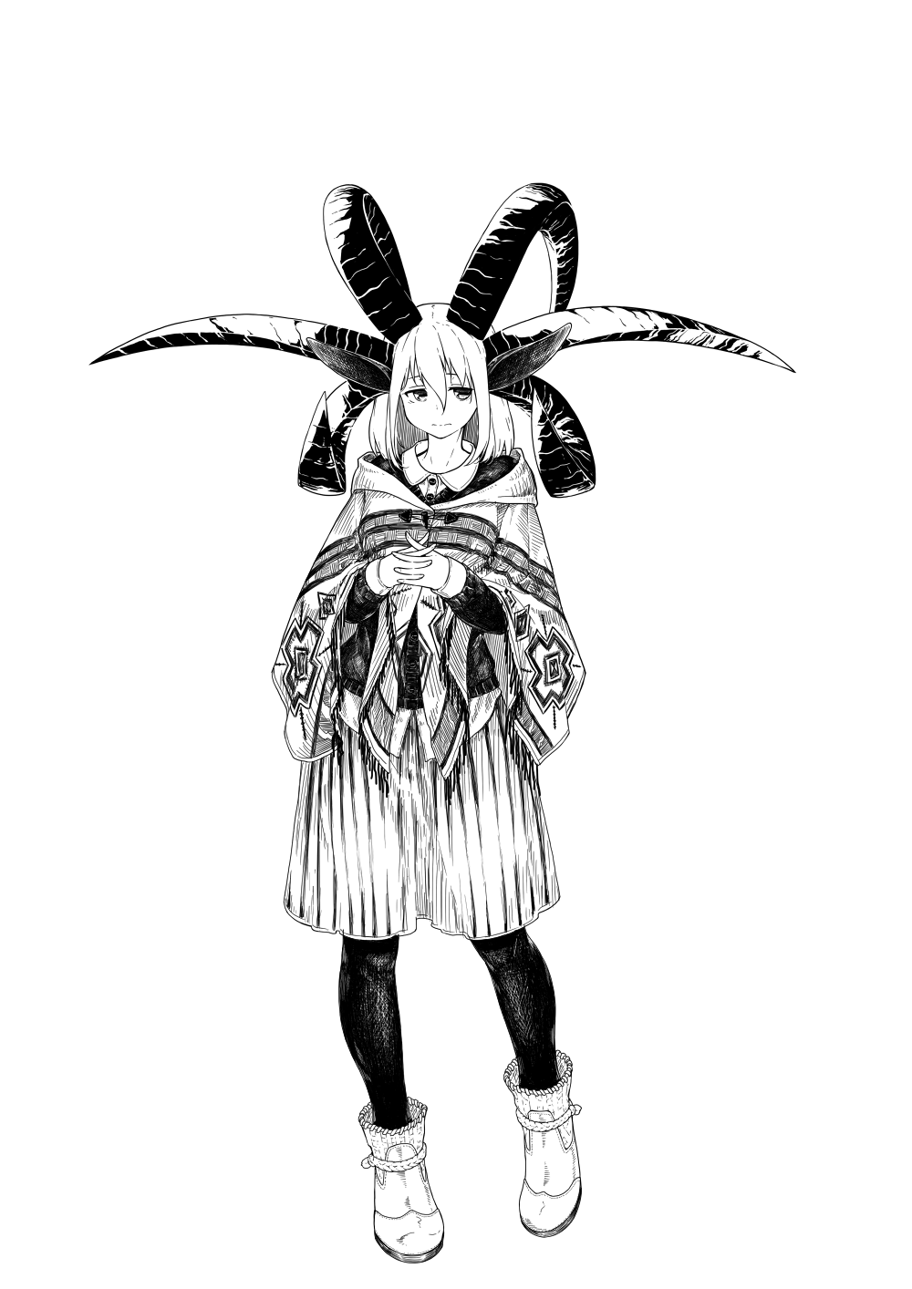 animal_ears corset greyscale highres horns interlocked_fingers jaco looking_to_the_side medium_hair monochrome monster_girl original poncho simple_background skirt standing