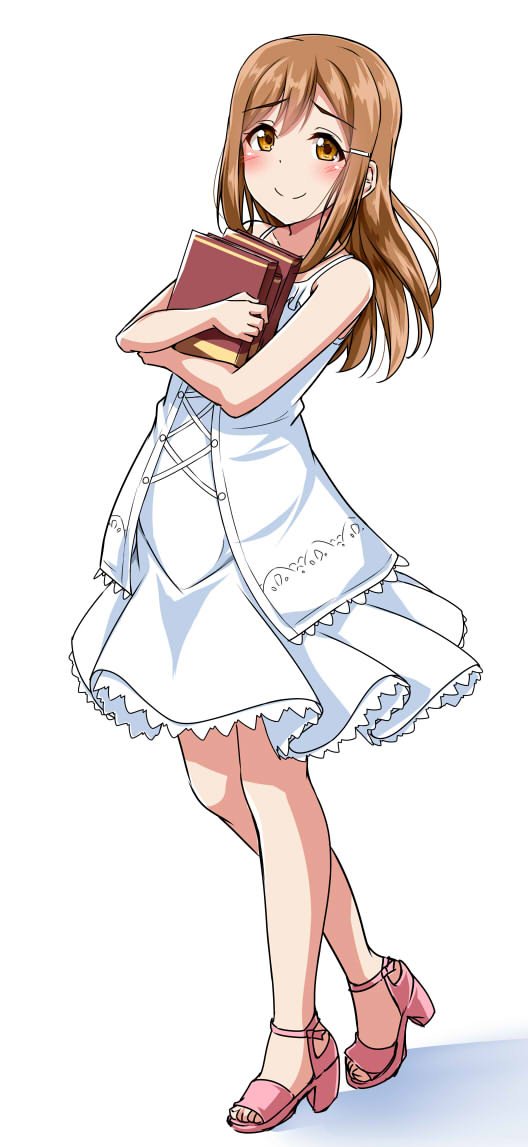 1girl bangs blush book brown_eyes brown_hair commentary_request cross-laced_clothes dress hair_ornament hairpin holding holding_book kunikida_hanamaru long_hair looking_at_viewer love_live! love_live!_sunshine!! sandals simple_background smile solo spaghetti_strap walking white_background white_dress yopparai_oni