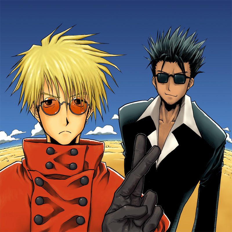 2boys alternate_hairstyle black_hair blonde_hair earrings gloves hama_matsumoto_matsuri jewelry male_focus multiple_boys nicholas_d_wolfwood sunglasses trigun vash_the_stampede