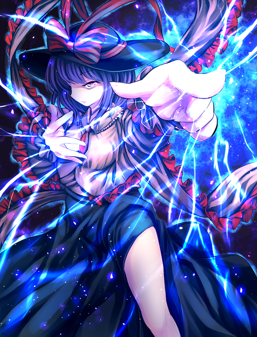 1girl bangs black_hat black_skirt bow capelet closed_mouth electricity frills hat hat_bow incoming_attack long_skirt looking_at_viewer nagae_iku pink_eyes pointing pointing_at_viewer purple_hair red_bow serious shaded_face shawl shirt short_hair skirt solo t.m_(aqua6233) touhou white_shirt
