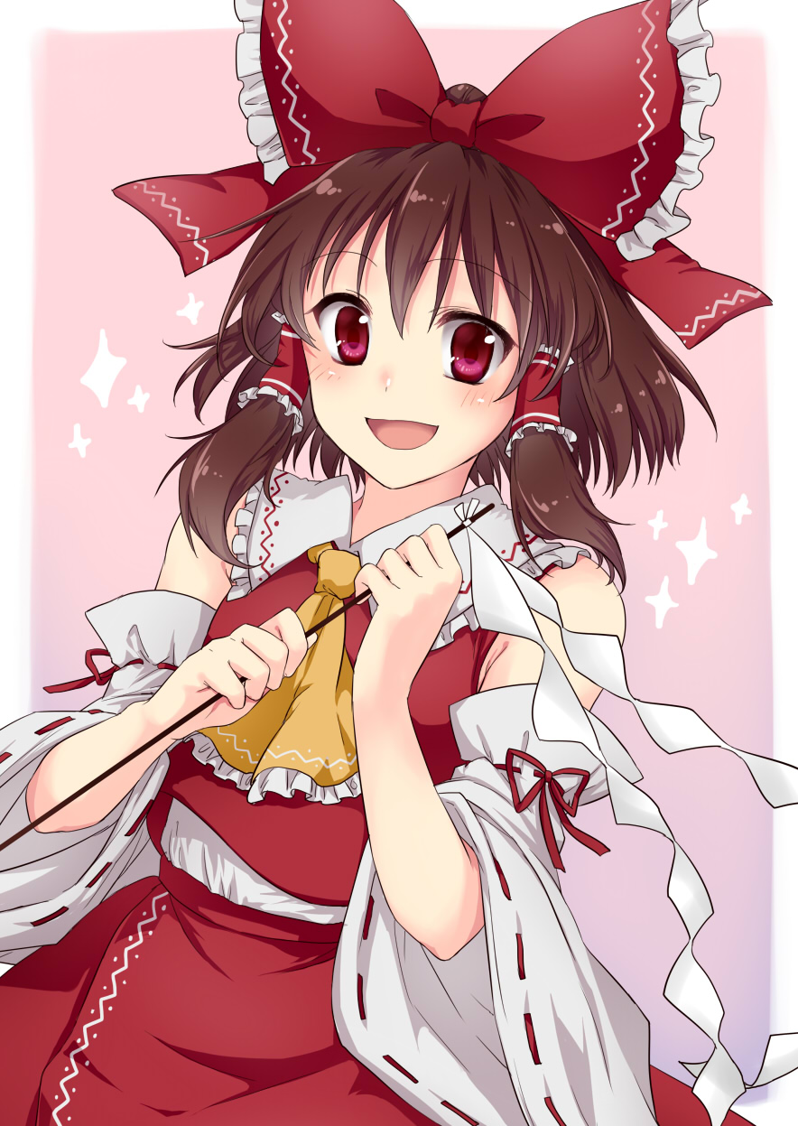 1girl :d ascot bangs blush bow brown_hair detached_sleeves gohei hair_bow hair_tubes hakurei_reimu highres long_hair looking_at_viewer monrooru open_mouth red_bow red_eyes red_skirt ribbon-trimmed_sleeves ribbon_trim shide sidelocks skirt skirt_set smile solo sparkle touhou vest