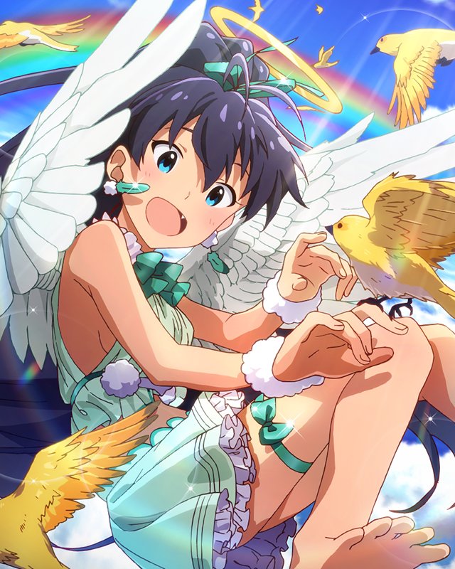 angel_wings barefoot bird blue_hair breasts card_(medium) character_name feet ganaha_hibiki halo idolmaster idolmaster_million_live! official_art open_mouth sideboob thigh_strap toes wings