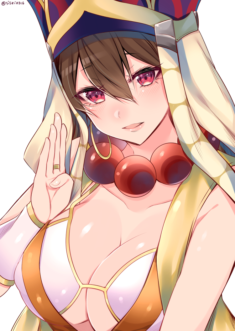 1girl beads black_hair blush breasts cleavage earrings fate/grand_order fate_(series) hair_between_eyes hat jewelry large_breasts long_hair looking_at_viewer necklace prayer_beads shisei_(kyuushoku_banchou) smile solo twitter_username xuanzang_(fate/grand_order)
