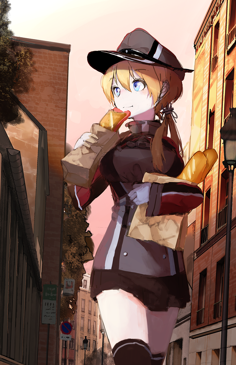 1girl black_legwear black_skirt blonde_hair blue_eyes bread building commentary_request eating food fujibejifu gloves hat highres holding holding_food kantai_collection long_sleeves low_twintails military military_uniform miniskirt peaked_cap prinz_eugen_(kantai_collection) skirt solo thigh-highs twintails uniform walking white_gloves