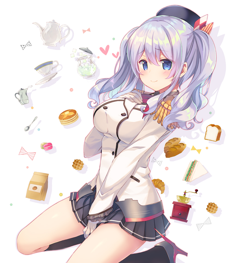 1girl beret blue_eyes bread breasts covering covering_crotch cream croissant cup epaulettes food hand_on_own_chest hat kantai_collection kashima_(kantai_collection) large_breasts long_hair looking_at_viewer macaron military military_uniform miniskirt pancake pleated_skirt sandwich silver_hair skirt smile solo spoon takei_ooki teacup teapot tsurime twintails uniform waffle wavy_hair