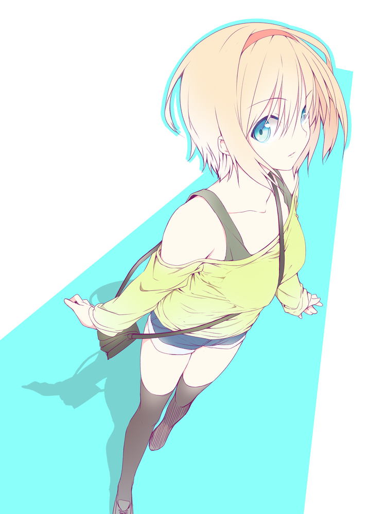 1girl alice_margatroid bag bangs black_legwear blonde_hair blue_eyes casual collarbone contemporary from_above hair_between_eyes hairband long_sleeves looking_at_viewer nirap off-shoulder_sweater over-kneehighs short_shorts shorts shoulder_bag solo sweater tank_top thigh-highs touhou yellow_sweater