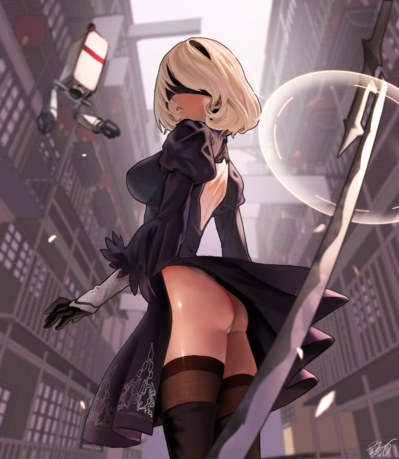 1girl :o ass back_cutout blindfold blonde_hair boots breasts building from_behind from_below fur_trim gloves juliet_sleeves long_sleeves looking_back medium_breasts nier_(series) nier_automata outdoors parted_lips pod_(nier_automata) puffy_sleeves short_hair shoulder_blades side_slit solo standing thigh-highs thigh_boots yorha_no._2_type_b zzing