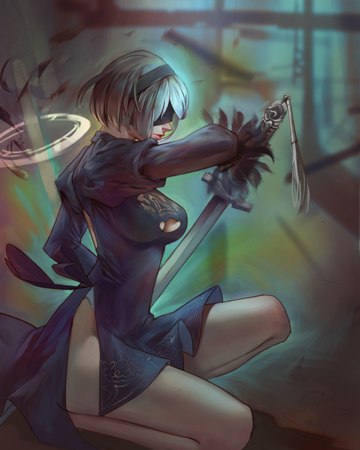 1girl black_dress black_hairband black_ribbon blindfold breasts cleavage cleavage_cutout closed_mouth covered_eyes dress from_side groin hair_over_one_eye hairband hand_up highleg highleg_leotard juliet_sleeves katana kneeling leotard lips long_sleeves medium_breasts nier_(series) nier_automata pink_lips puffy_sleeves ribbon short_dress short_hair side_slit silver_hair since solo sword tassel weapon weapon_on_back white_leotard yorha_no._2_type_b