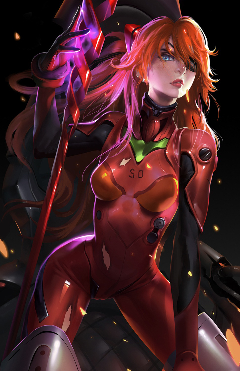 1girl arm_support bangs blue_eyes bodysuit bracer cockpit cowboy_shot ear_piercing earrings entry_plug eyepatch floating_hair freckles gfi_lee gloves glowing hand_up highres holding holding_weapon jewelry lance_of_longinus leaning_forward legs_apart lips lipstick long_hair looking_at_viewer makeup neon_genesis_evangelion number orange_hair parted_lips piercing pilot_suit plugsuit polearm realistic rebuild_of_evangelion red_lipstick skin_tight slender_waist solo souryuu_asuka_langley torn_bodysuit torn_clothes turtleneck two_side_up very_long_hair weapon