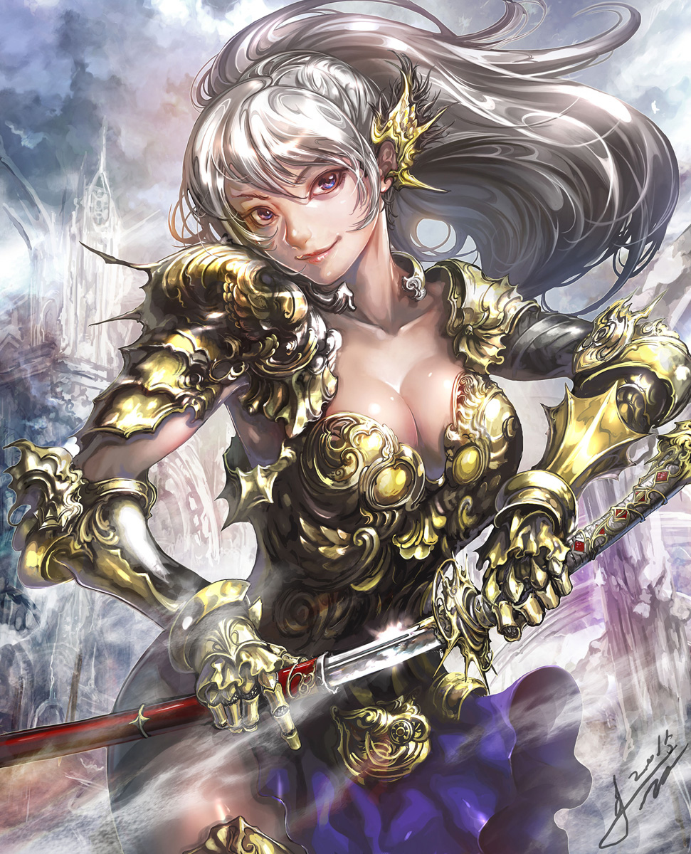 1girl architecture armor armored_boots armored_dress blue_eyes boots breasts castle cleavage closed_mouth clouds cloudy_sky collarbone contrapposto cowboy_shot gauntlets grey_hair hair_ornament highres holding holding_sword holding_weapon jay_b_lee katana large_breasts lips lipstick long_hair looking_at_viewer makeup original pauldrons pelvic_curtain pink_lips pink_lipstick ponytail scabbard sheath sky solo sword thigh-highs thigh_boots unsheathing weapon