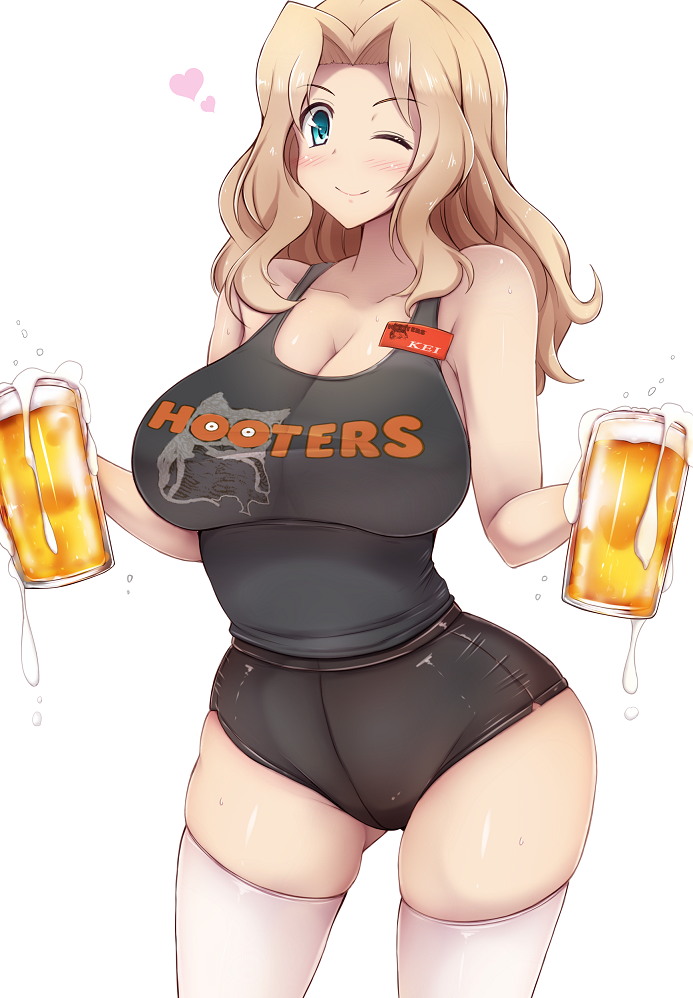 10s 1girl :d alcohol beer beer_mug black_shirt black_shorts blonde_hair blue_eyes breasts character_name cleavage closed_mouth clothes_writing cowboy_shot curvy employee_uniform girls_und_panzer heart hooters huge_breasts kay_(girls_und_panzer) long_hair name_tag one_eye_closed open_mouth shirt short_shorts shorts simple_background skin_tight smile solo tank_top thigh-highs uniform waitress white_background white_legwear yuzumiya_mono