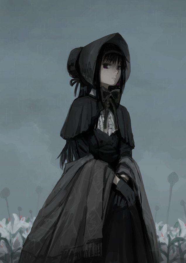 1girl akemi_homura black_bow black_hair bloodborne bonnet bow capelet closed_mouth commentary_request cosplay flower grey_sky hands_together long_hair looking_at_viewer mahou_shoujo_madoka_magica pale_skin plain_doll plain_doll_(cosplay) silverxp sketch skirt solo standing tagme violet_eyes