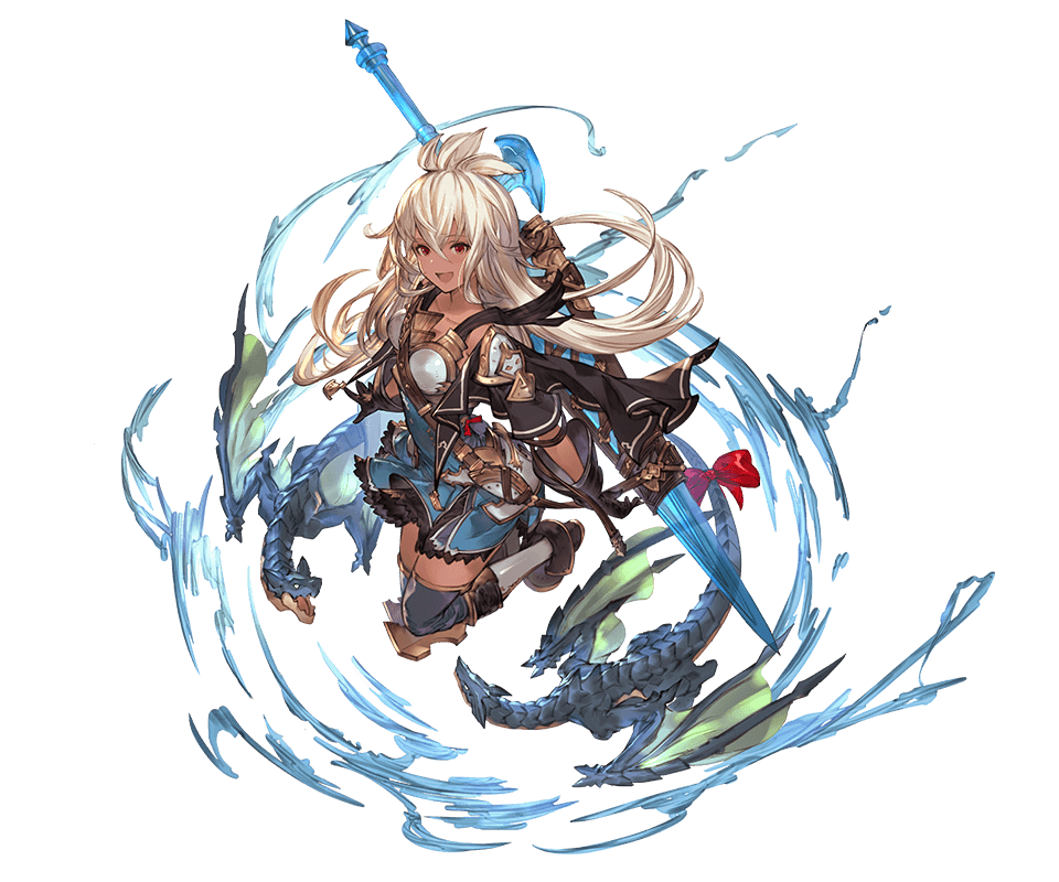 1girl bangs boots breastplate collarbone dark_skin dragon dress frills gloves granblue_fantasy long_hair looking_at_viewer minaba_hideo official_art open_mouth red_eyes ribbon short_dress short_sleeves skirt smile solo sword the_order_grande thigh-highs transparent_background weapon white_hair zettai_ryouiki