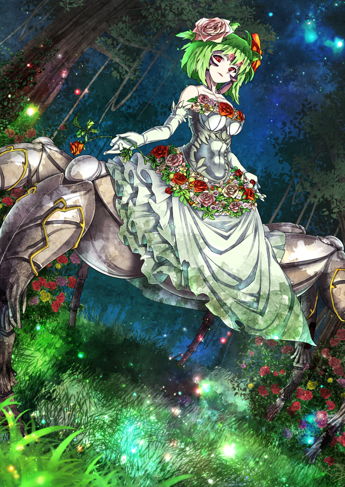 1girl arachne bangs breasts bush collarbone dress elbow_gloves fireflies flower forest gloves grass green_hair hair_flower hair_ornament insect_girl looking_at_viewer medium_breasts nature night night_sky orange_rose original pale_skin parted_lips pink_rose plant red_eyes red_rose rose see-through short_hair sky solo spider_girl star_(sky) starry_sky umigarasu_(kitsune1963) vines white_dress white_gloves white_rose