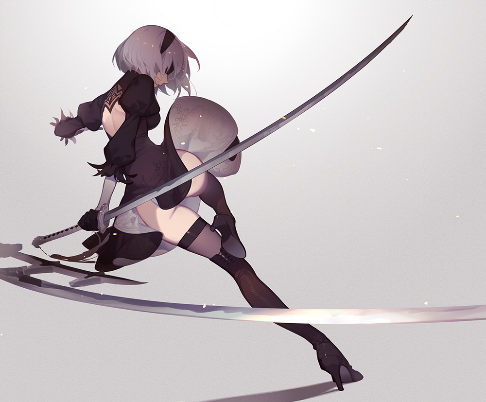 1girl ask_(askzy) black_boots black_dress black_gloves black_hairband black_legwear blindfold boots convenient_censoring covered_eyes dress feather-trimmed_sleeves from_behind gloves hairband high_heel_boots high_heels holding holding_sword holding_weapon juliet_sleeves long_sleeves nier_(series) nier_automata puffy_sleeves revision side_slit solo sword thigh-highs thigh_boots weapon yorha_no._2_type_b