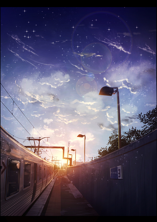 blue_sky byakuya_reki clouds d ground_vehicle no_humans original railroad_tracks scenery sky snow sunlight sunset train