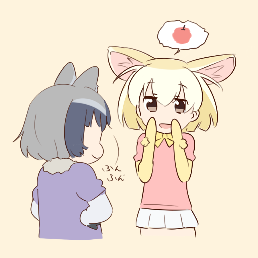 2girls animal_ears apple bow bowtie common_raccoon_(kemono_friends) fennec_(kemono_friends) food fruit fur_collar hands_on_hips hands_over_mouth kasa_list kemono_friends multiple_girls nodding pink_sweater raccoon_ears short_hair short_sleeve_sweater short_sleeves skirt sweatdrop sweater watermelon white_skirt