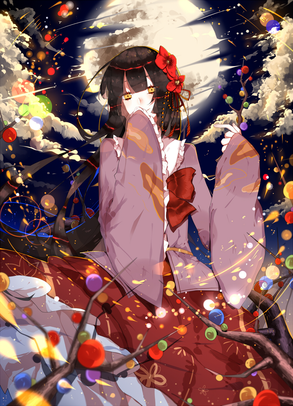 1girl alternate_eye_color bangs black_hair bow branch clouds commentary_request covering_mouth floating_hair floral_print flower frilled_sleeves frills full_moon hair_flower hair_ornament highres hime_cut holding houraisan_kaguya jeweled_branch_of_hourai long_hair long_skirt looking_at_viewer moon red_bow red_skirt skirt smile solo spell_card touhou very_long_hair wide_sleeves yellow_eyes