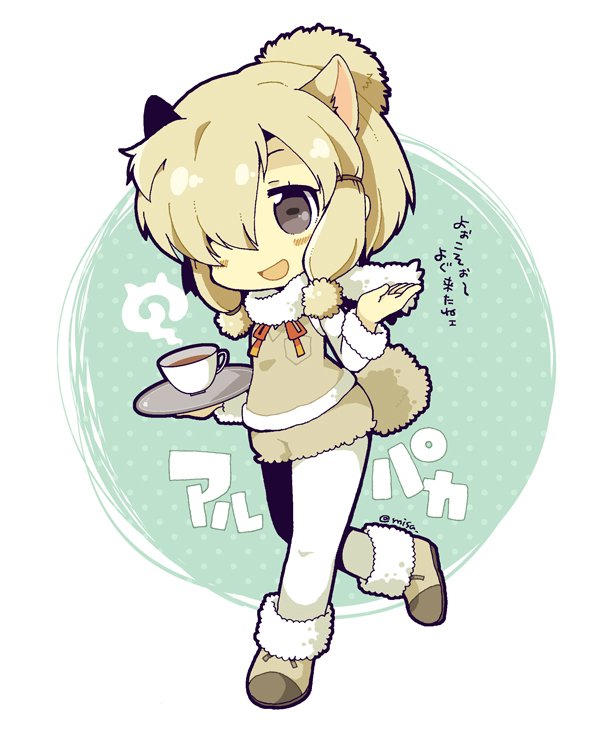1girl :d alpaca_ears alpaca_suri_(kemono_friends) alpaca_tail animal_ears ankle_boots bangs beige_boots beige_shorts beige_vest blonde_hair blue_background blue_eyes blush boots breast_pocket brown_boots brown_footwear brown_ribbon chibi collar cup drink eyelashes full_body fur-trimmed_boots fur-trimmed_sleeves fur-trimmed_vest fur_collar fur_trim gradient_ribbon hair_bun hair_ornament hair_over_one_eye hair_ribbon hair_tie holding holding_cup holding_tray horizontal_pupils japari_symbol kemono_friends leg_lift long_sleeves looking_at_viewer misaki_(1n1m) multicolored multicolored_background multicolored_boots multicolored_ribbon neck_ribbon no_nose open_mouth pantyhose pantyhose_under_shorts pocket polka_dot polka_dot_background red_ribbon ribbon shirt shoe_ribbon short_hair shorts sidelocks smile solo swept_bangs tail tareme tea teacup translation_request tray tress_ribbon twitter_username two-tone_background vest walking white_background white_legwear white_shirt yellow_ribbon