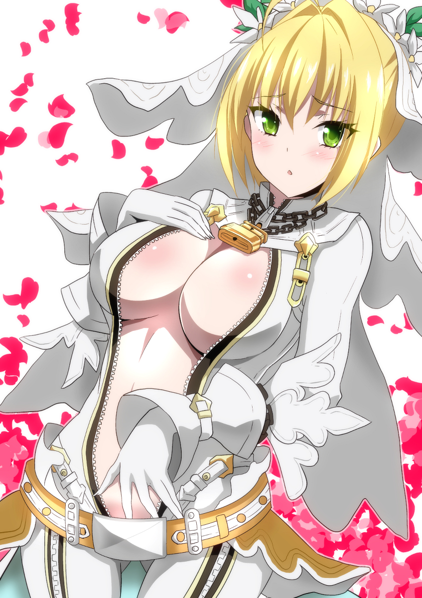 1girl ahoge bangs beltskirt blonde_hair blush bodysuit breasts bridal_veil catsuit center_opening chains cowboy_shot fate/extra fate/extra_ccc fate_(series) full-length_zipper gloves gluteal_fold green_eyes hair_intakes head_wreath heart heart_background hera_(hara0742) highres large_breasts lock looking_at_viewer padlock parted_lips saber_bride saber_extra short_hair solo triangle_mouth unzipped veil white_bodysuit white_gloves zipper