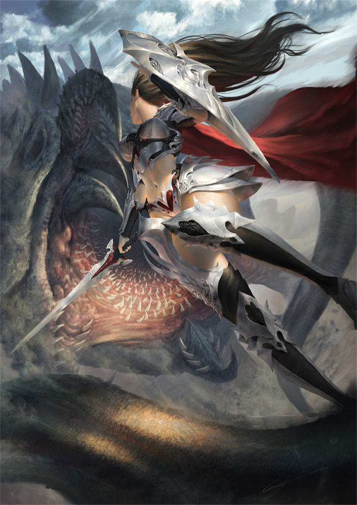 1girl armor armored_boots boots brown_hair cape cloud.dwhip clouds cloudy_sky dutch_angle long_hair midriff monster navel realistic shield sky spaulders sword teeth weapon wind
