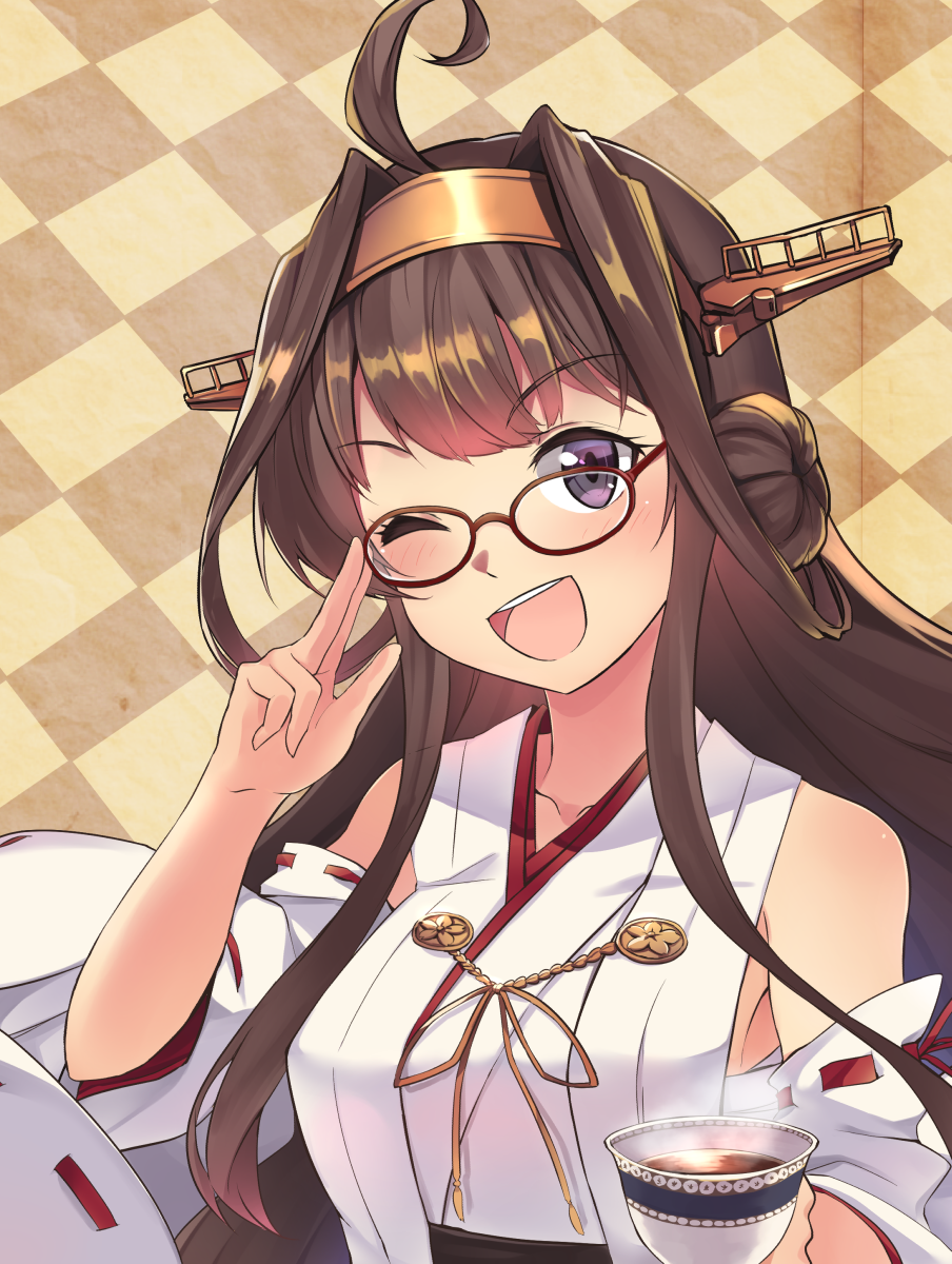 1girl ahoge bespectacled brown_hair checkered checkered_background commentary_request cup detached_sleeves double_bun glasses hairband headgear highres ido_(teketeke) japanese_clothes kantai_collection kongou_(kantai_collection) long_hair long_sleeves looking_at_viewer nontraditional_miko one_eye_closed open_mouth ribbon-trimmed_sleeves ribbon_trim skirt smile solo steam teacup upper_body violet_eyes wide_sleeves