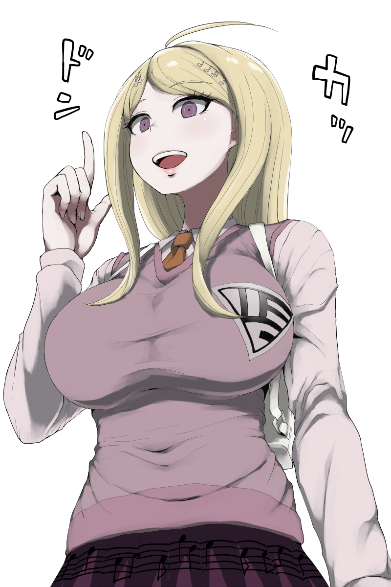 1girl ahoge akamatsu_kaede beamed_quavers blonde_hair breasts covered_navel dangan_ronpa highres index_finger_raised large_breasts long_hair musical_note musical_note_hair_ornament necktie new_dangan_ronpa_v3 parumezan pleated_skirt quaver school_uniform semiquaver skirt sweater_vest taut_clothes upper_body vest violet_eyes