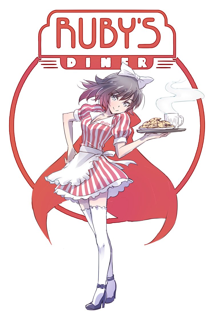 1girl apron black_hair bow breasts cleavage coffee_mug commentary cookie food full_body grey_eyes hair_bow high_heels highlights iesupa looking_at_viewer medium_breasts multicolored_hair namesake plate redhead ruby_rose rwby smile solo standing thigh-highs tray waitress white_legwear