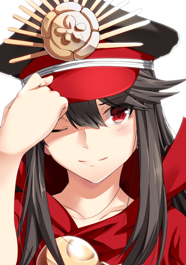 1girl ;) adjusting_clothes adjusting_hat bangs black_hair blush cape closed_mouth collarbone demon_archer fate_(series) hat hirame_sa koha-ace long_hair looking_at_viewer one_eye_closed peaked_cap portrait red_eyes sidelocks smile solo swept_bangs