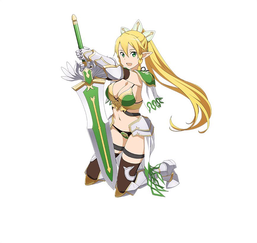 1girl :d armor armored_boots bikini_armor black_legwear blonde_hair boots breasts cleavage floating_hair full_body gauntlets green_eyes groin hair_between_eyes hair_ornament high_ponytail holding holding_sword holding_weapon knee_boots kneeling large_breasts leafa long_hair looking_at_viewer navel open_mouth pointy_ears sideboob simple_background smile solo spaulders stomach sword sword_art_online thigh-highs thigh_strap very_long_hair weapon white_background