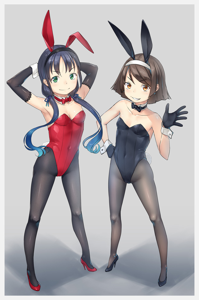 2girls animal_ears arms_behind_back black_bow black_bowtie black_gloves black_hair black_leotard blue_hair bow bowtie breasts bunny_tail bunnysuit detached_collar elbow_gloves full_body gahaku gloves green_eyes grey_background hairband high_heels kantai_collection leotard looking_at_viewer multiple_girls orange_eyes pantyhose parted_lips rabbit_ears red_bow red_bowtie red_leotard red_shoes shadow shoes short_hair simple_background small_breasts smile standing stiletto_heels strapless strapless_leotard suzukaze_(kantai_collection) tail tanikaze_(kantai_collection) white_hairband wrist_cuffs