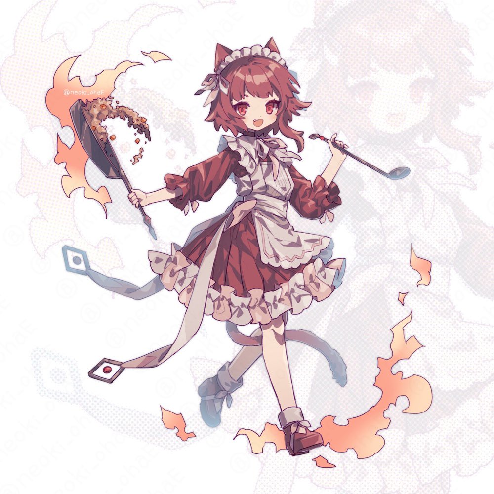 1girl :d animal_ears apron bow brown_dress brown_footwear brown_hair cat_ears cat_girl cat_tail commentary dress english_commentary fang fire food footwear_bow footwear_ribbon frilled_apron frilled_dress frilled_sleeves frills frying_pan full_body grey_choker hand_up holding holding_frying_pan holding_ladle ladle looking_at_viewer maid_headdress neck_ribbon neoki_ohae open_mouth original puffy_sleeves red_eyes ribbon rice screentones short_hair smile solo tail walking watermark white_apron white_bow white_ribbon zoom_layer