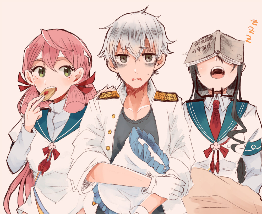 1boy 2girls admiral_(kantai_collection) akashi_(kantai_collection) bandanna black_hair blue_sailor_collar book book_on_head cookie eating epaulettes food glasses glasses_removed gloves green_eyes hair_ribbon itomugi-kun kantai_collection long_hair long_sleeves military military_uniform multiple_girls naval_uniform necktie object_on_head ooyodo_(kantai_collection) open_clothes open_shirt pillow pink_hair red_necktie ribbon school_uniform serafuku shirt sleeping tress_ribbon uniform upper_body white_gloves zzz
