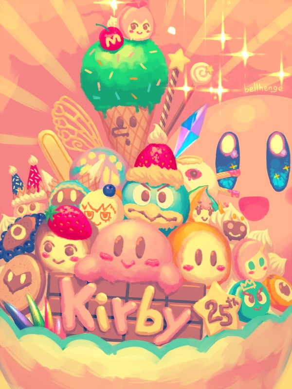 1boy adeleine bellhenge bird blue_eyes cake candy character_request crown food king_dedede kirby kirby's_return_to_dream_land kirby_(series) kirby_64 kirby_super_star mask meta_knight open_mouth pinguin smile solo waddle_dee waddle_doo