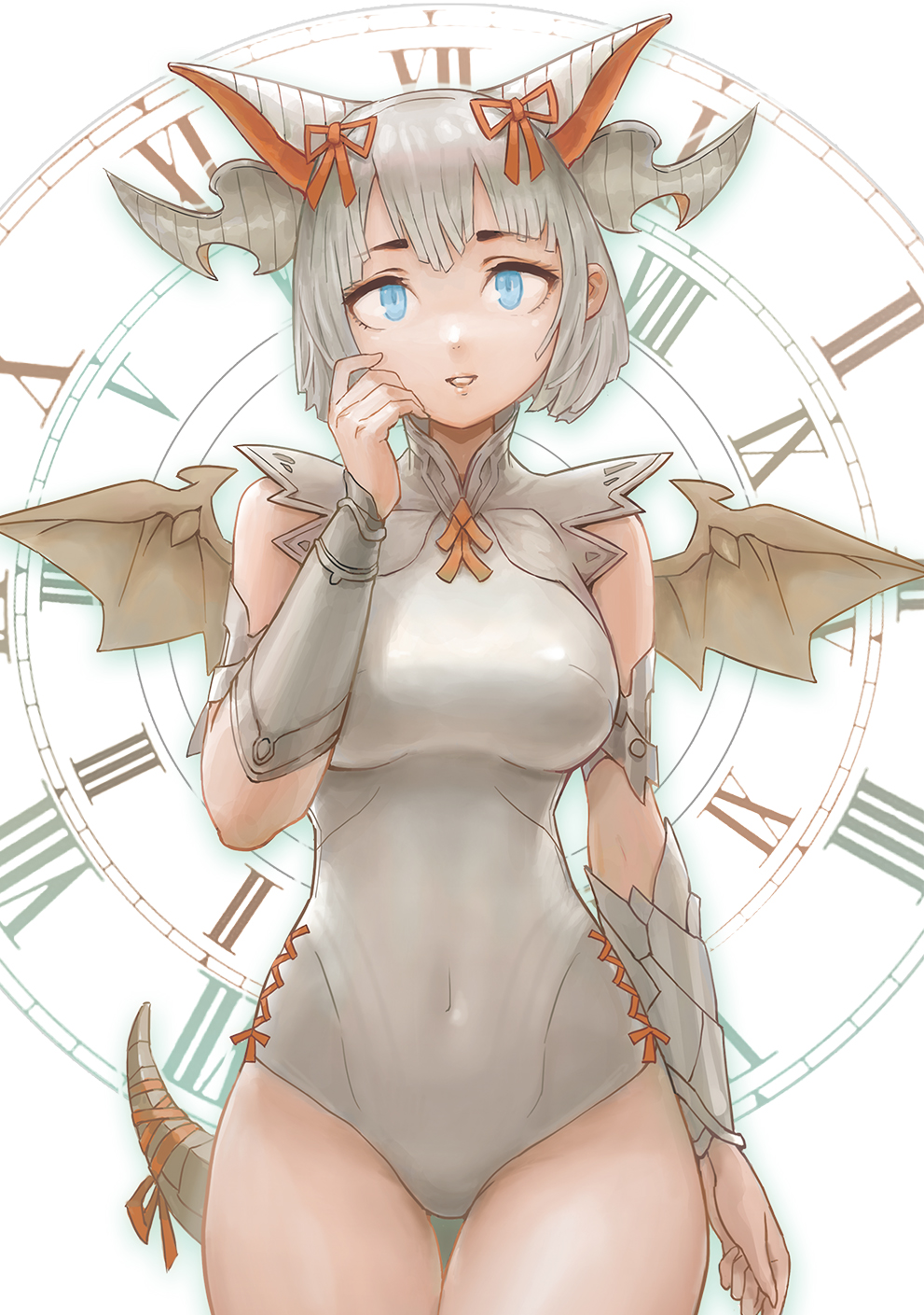 1girl artist_request blue_eyes bracer breasts clock dragon_tail dragon_wings highres horns medium_breasts myr_(p&amp;d) puzzle_&amp;_dragons tail white_hair wings