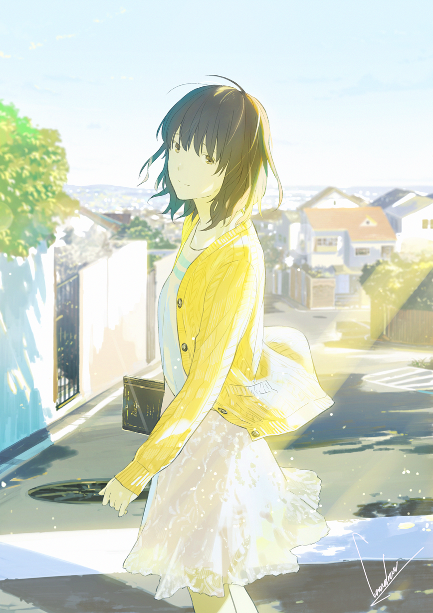 1girl aran_sweater book brown_eyes brown_hair building buttons cardigan day highres holding holding_book horizon looking_at_viewer loundraw original plant road scenery short_hair skirt standing street sunlight sweater translation_request tree white_skirt yellow_sweater