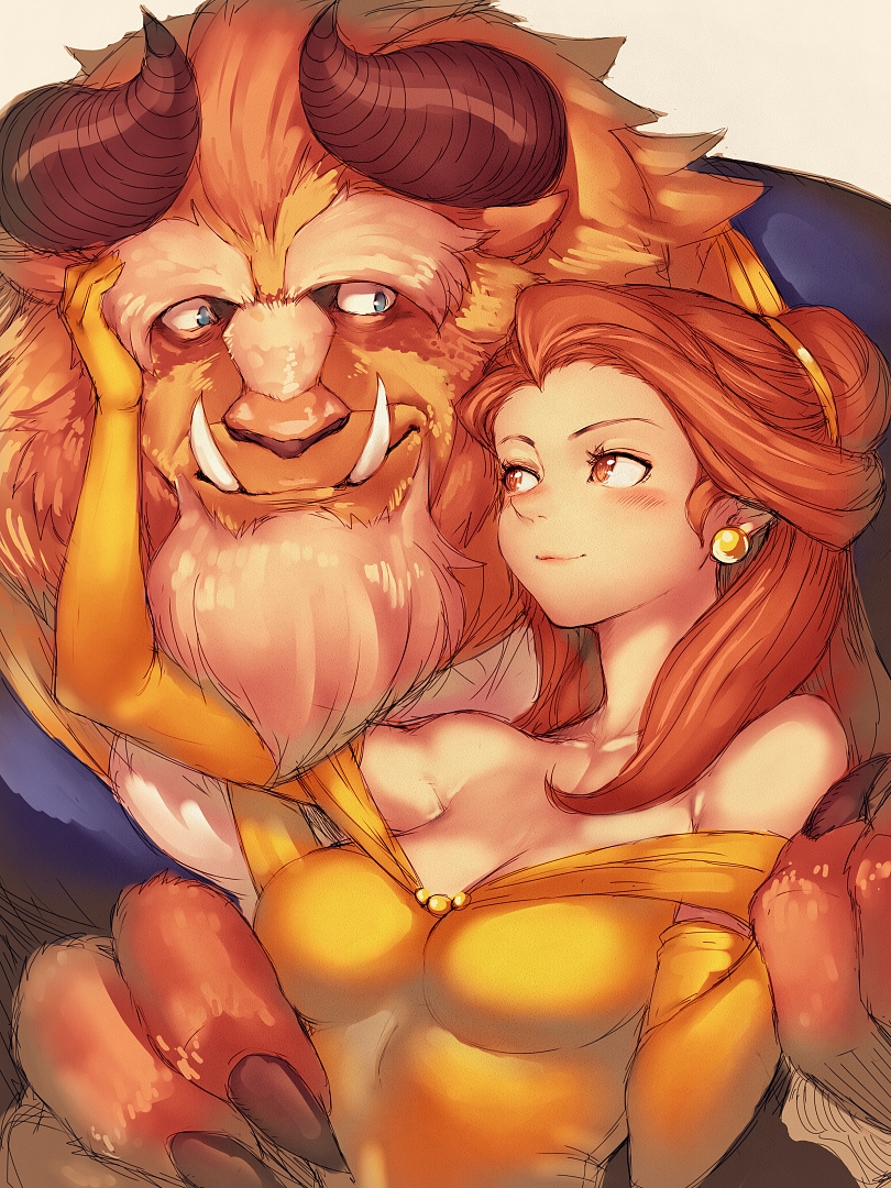 1boy 1girl bare_shoulders beast_(disney) beauty_and_the_beast belle_(disney) blush breasts brown_eyes brown_hair couple dress earrings elbow_gloves fangs fumio_(rsqkr) gloves horns jewelry light_smile long_hair medium_breasts smile yellow_dress